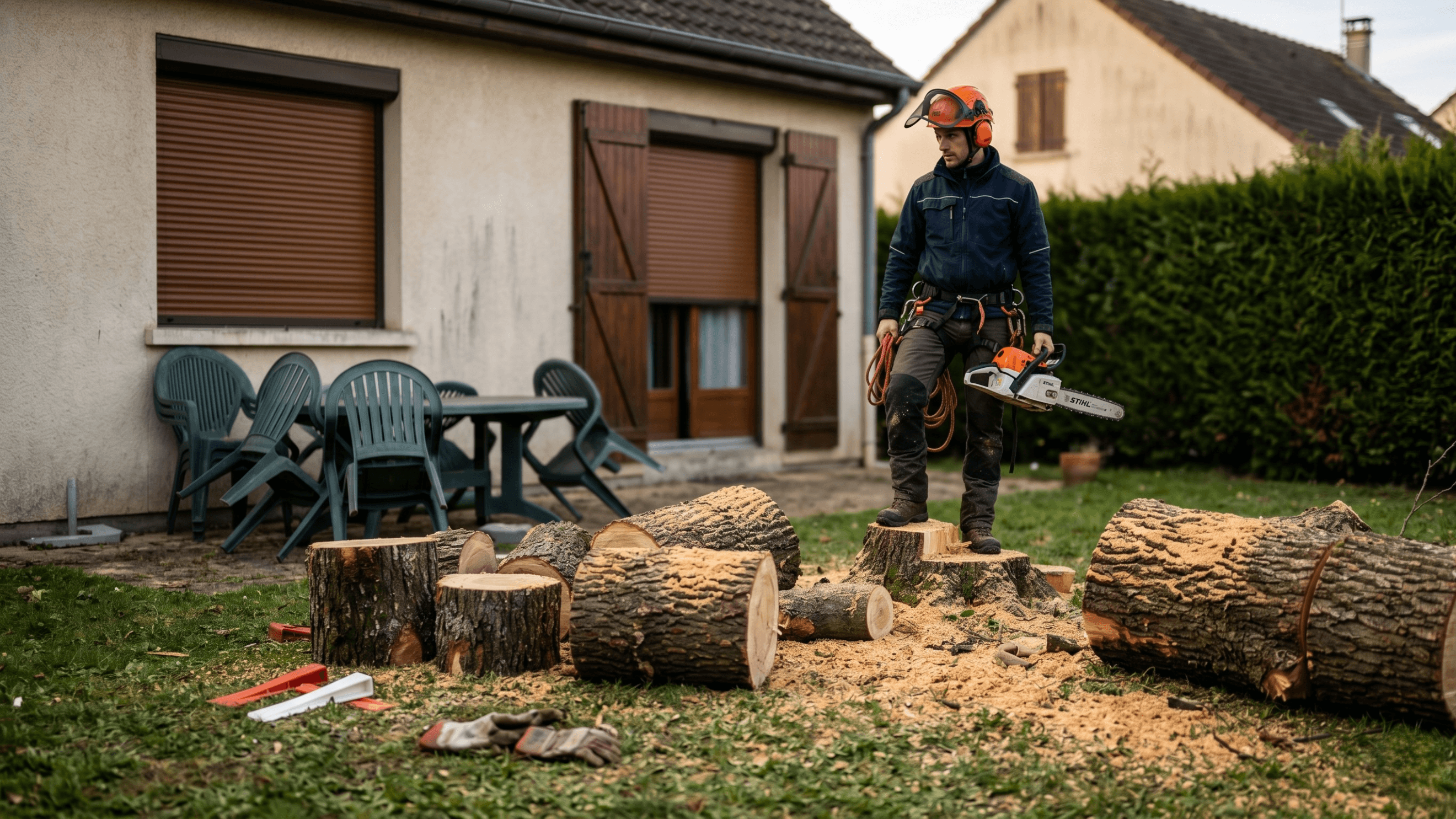 Chantier d'élagage soigneusement réalisé, équipement professionnel