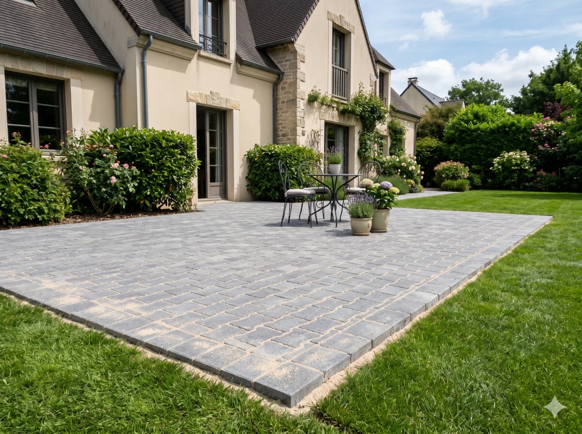 Terrasse aménagée avec dalles en pierre naturelle et plantations